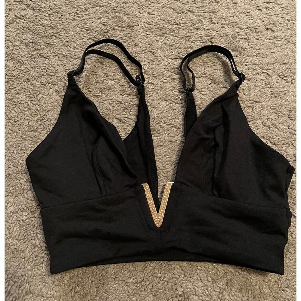 Victoria's Secret V Hardware Swarovski Crystals Plunge Bralette Black Sz XS